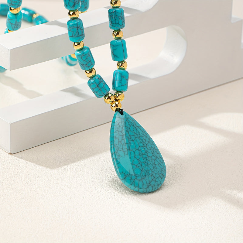 European and American cross-border retro fashion geometric teardrop pendant necklace, niche design beaded long sweater chain for women