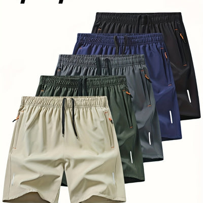 5pcs Men'S Outdoor Sports Quick-Dry Shorts, Breathable Comfort Polyester Blend with Zipper Pockets and Drawstring, Featuring Silvery Reflective Strips, Elastic Waistband, Suitable for Climbing, Tennis, Running, and Outdoor Ac