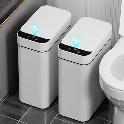 White Kitchen Bathroom Trash Can 11L with Lid, Touchless Automatic Motion Sensor 1pc & 2pcs Small Trash Can, Smart Electric Slim Trash Can, Suitable for Bedroom or Office, Smart Touchless Motion Sensor Trash Can with Lid, Ele