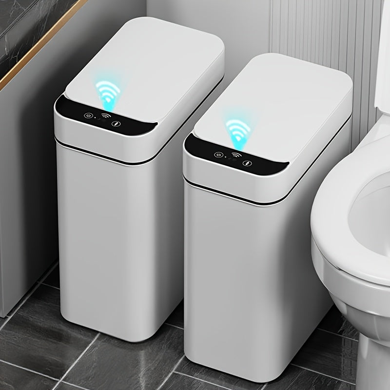 White Kitchen Bathroom Trash Can 11L with Lid, Touchless Automatic Motion Sensor 1pc & 2pcs Small Trash Can, Smart Electric Slim Trash Can, Suitable for Bedroom or Office, Smart Touchless Motion Sensor Trash Can with Lid, Ele
