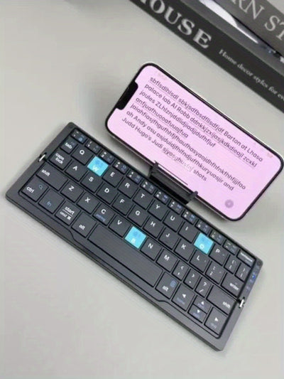 BOW Foldable Wireless BT Keyboard Mute, For Home And Office Use, Portable, Mobile Charging Keypad, With Mobile Phone And Tablet Holder, Capable Of Connecting Three Devices Simultaneously, Applicable To Android/Windows/iOS Mob