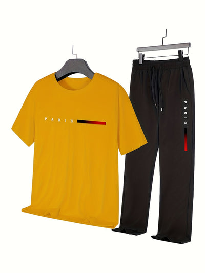 Men'S Casual Sports Two-Piece Set Short Sleeve Top Straight Leg Pants with Paris Print, Fashionable And Trendy, Ideal for Summer, Parties, Casual Outings, And Everyday Wear, Everyday Wear|Short Sleeve Top|Print Trousers