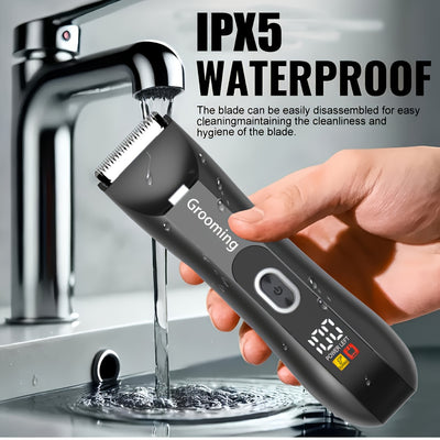 Men's & Women's Body Hair Trimmer, Men’s Groin Shaver with IPX5 Waterproof Rating and R-Sharp Ceramic Blade Head, 2 Size Combs Included. USB Rechargeable Electric Grooming Kit for Chest, Legs, Underarms Bikini Area – LED