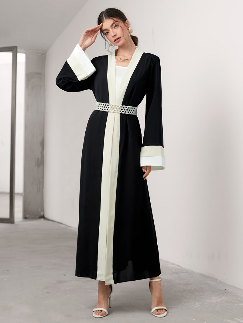 Cozy Comfort, Elegant Black and Cream Long Robe with Ruffle Sleeves - Polyester, Machine Washable, Casual Style for Women - Perfect for Spring/Summer/Fall