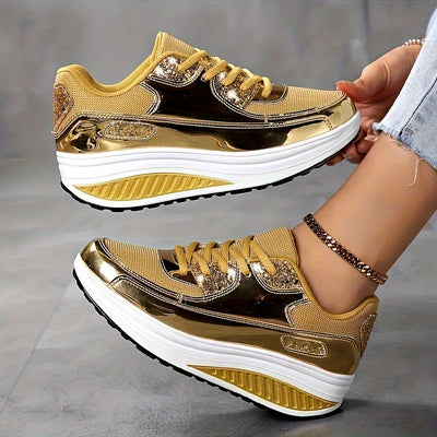 Women's Metallic Platform Sneakers, Breathable Mesh Lace Up Outdoor Shoes, Comfortable Low Top Sport Shoes