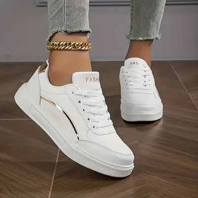 Women's All-Match White Skate Shoes, Casual Round Toe Lace Up Sneakers, Comfortable Low Top Flat Sports Shoes