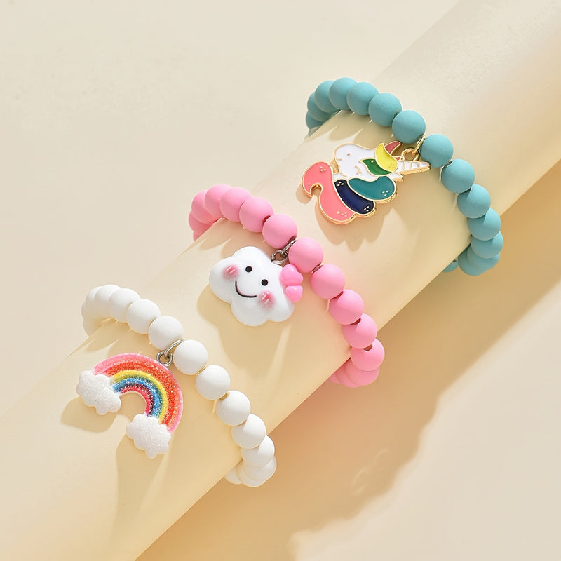 3pcs Cute & Sweet Cloud, Rainbow Unicorn Pendant Acrylic Beaded Bracelets for Girls - Perfect Daily Wear or Holiday Gift Set