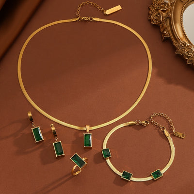 5pcs Elegant Golden-Tone Stainless Steel Jewelry Set with Green Zirconia - Includes Necklace, Earrings, Ring, and Bracelet - Perfect for Women'S Daily Wear or Gifting, Jewelry Set