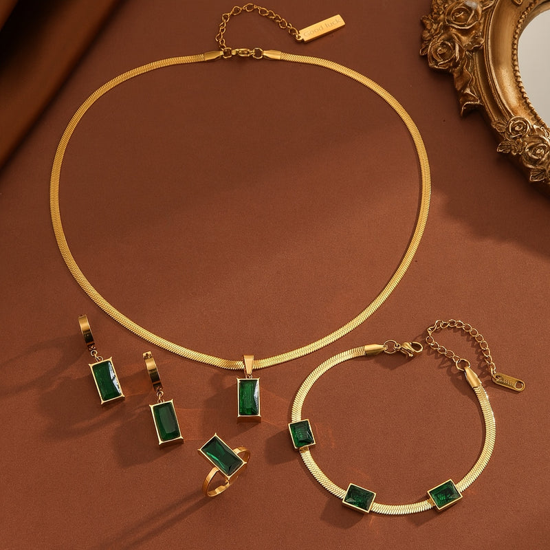5pcs Elegant Golden-Tone Stainless Steel Jewelry Set with Green Zirconia - Includes Necklace, Earrings, Ring, and Bracelet - Perfect for Women&