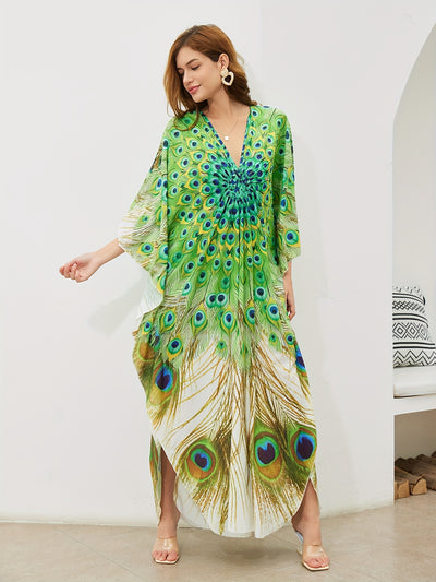 peocock printed women beach kaftans handmade waved maxi dresses bikini cover ups for swimwear bathing suits