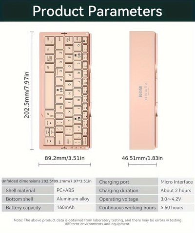 BOW Foldable Wireless BT Keyboard Mute, For Home And Office Use, Portable, Mobile Charging Keypad, With Mobile Phone And Tablet Holder, Capable Of Connecting Three Devices Simultaneously, Applicable To Android/Windows/iOS Mob