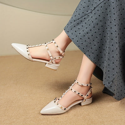 Women'S Elegant Pointed Toe Stiletto Sandals with Rivet Embellishments, Mid-Heel, Buckle Closure, Summer Fashion, Rubber Sole, Synthetic Cover - Hand Wash Only, Stylish Outdoor Shoes | Buckle Closure Sandals | Decorative Rive