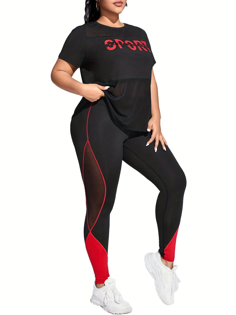 Plus Size Yoga Casual Sports Mesh Patchwork Logo Print Short Sleeve Set, Elegant Style, Crew Neck, High Stretch Fabric, All-Season Wear, with Butt Lifting and Comfortable Soft Compression Fit