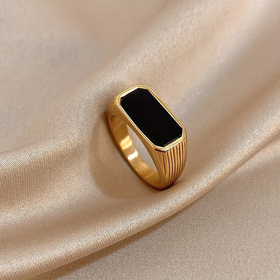 Elegant Black Acrylic Stainless Steel Ring with Golden-Tone Accents - Modern Minimalist Design for Daily Wear & Parties, Durable & Stylish Jewelry, Party Jewelry | Minimalist Jewelry | Durable Acrylic Ring