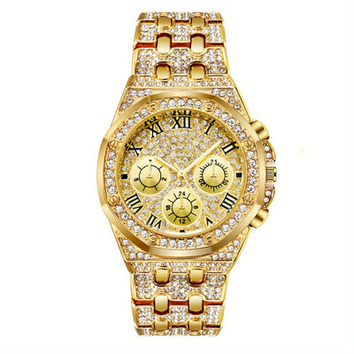 ساعة نسائية فاخرة ذهبية اللون مرصعة بأحجار الراين بأرقام رومانية، وحركة كوارتز، وإطار لامع - ساعة أنيقة للأعمال، بشاشة تناظرية، وساعة رسمية | أناقة كلاسيكية | سوار متين