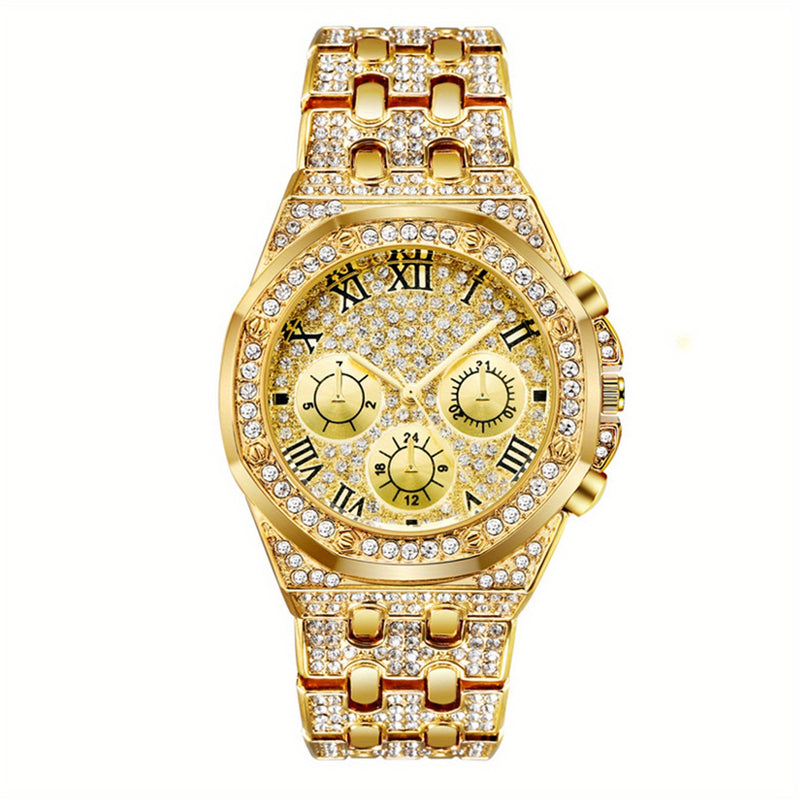 ساعة نسائية فاخرة ذهبية اللون مرصعة بأحجار الراين بأرقام رومانية، وحركة كوارتز، وإطار لامع - ساعة أنيقة للأعمال، بشاشة تناظرية، وساعة رسمية | أناقة كلاسيكية | سوار متين