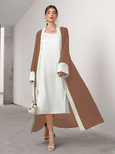 Cozy Comfort, Elegant Black and Cream Long Robe with Ruffle Sleeves - Polyester, Machine Washable, Casual Style for Women - Perfect for Spring/Summer/Fall