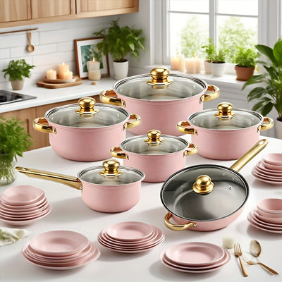 18pcs Pink Stainless Steel Cookware Set with Non-Stick Pans & Lids - Induction Compatible, Stackable Space-Saving Design, Golden-Toned Black Lids & Black Utensil-Friendly Sides, Heat-Resistant Durable 410 Stainless Steel Cons