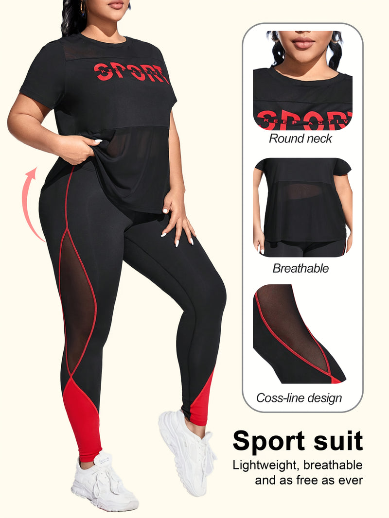 Plus Size Yoga Casual Sports Mesh Patchwork Logo Print Short Sleeve Set, Elegant Style, Crew Neck, High Stretch Fabric, All-Season Wear, with Butt Lifting and Comfortable Soft Compression Fit