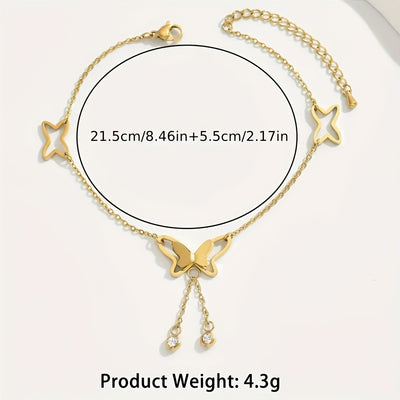 14K Golden Plated Butterfly Rhinestone Ankle Chain - Elegant Summer Foot Jewelry for Beach & Daily Wear, Beach Foot Jewelry|Butterfly Design|Rhinestone Adornment, Ankle Jewelry