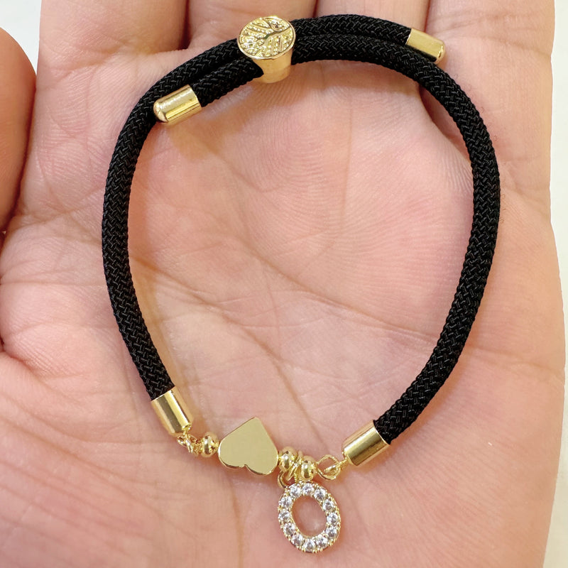 18K Golden Plated Heart Charm Bracelet with Synthetic Zirconia Letter Pendants A-Z, Simple Classic Black Polyester Cord, Adjustable for Daily Wear and Gift-Giving