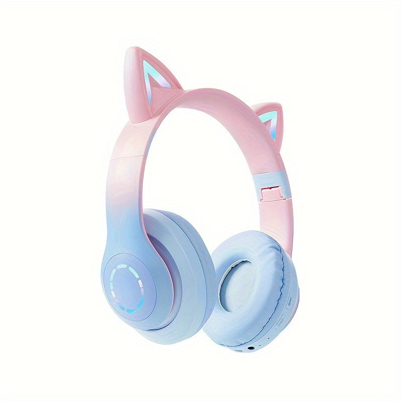 URIZONS Wireless Cat Ear Headphones TWS and Wired Mode Foldable Gaming Headset with Mic, RGB LED Light, Compatible with Mobile Phones PC Tablet