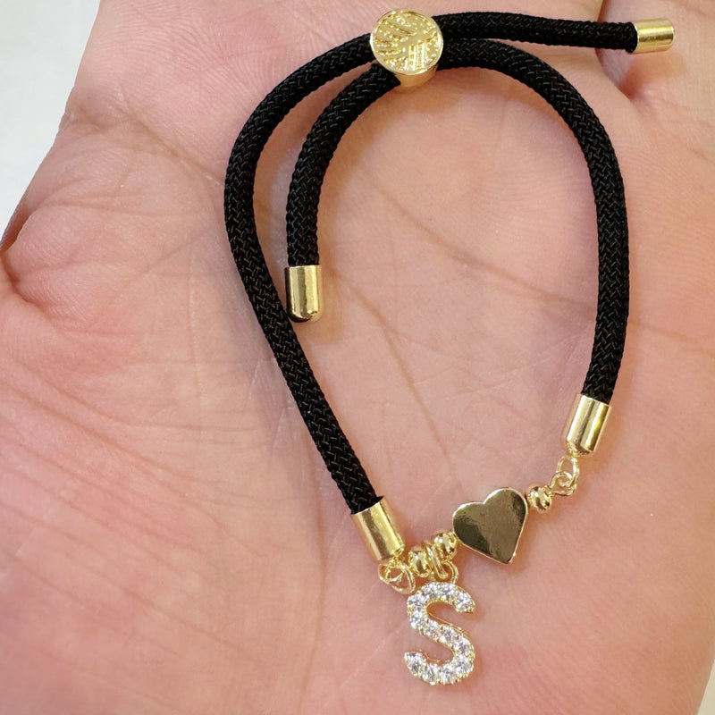 18K Golden Plated Heart Charm Bracelet with Synthetic Zirconia Letter Pendants A-Z, Simple Classic Black Polyester Cord, Adjustable for Daily Wear and Gift-Giving