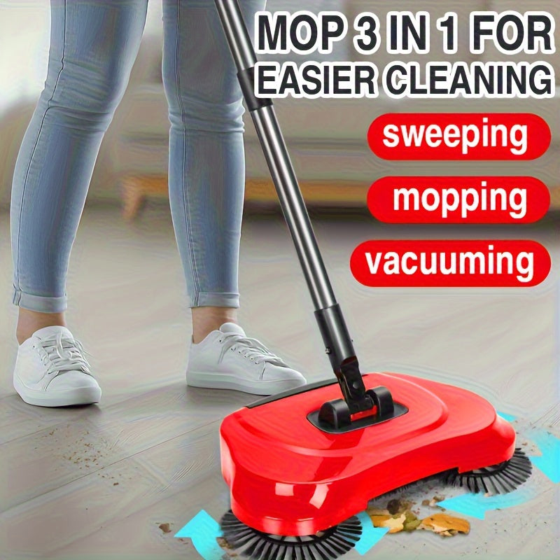3in1 Manual Broom and Vacuum Combo with Long Handle - Automatic Deep Cleaning System, Sweeping, Mopping, Vacuuming - for Hardwood, Tile, Linoleum Floors - Ideal for Kitchen, Office, Living Room, Bedroom - Space-Saving Cleanin
