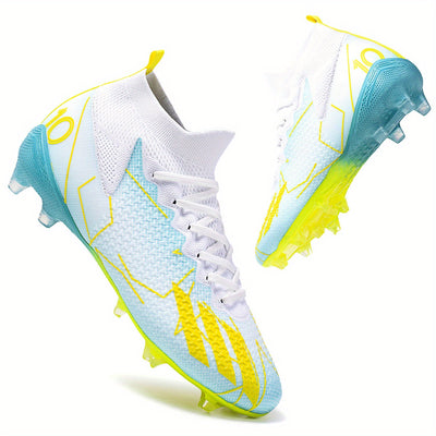 Men's Anti-Slip Soccer cleats with AG/FG/TF Studs - Professional Football shoes, Lightweight TPU/Rubber Outsole, Ankle Support, White & Turquoise Accents - for Matches, Training, Grass, Indoor/Outdoor - All-Season cleats for