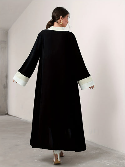 Cozy Comfort, Elegant Black and Cream Long Robe with Ruffle Sleeves - Polyester, Machine Washable, Casual Style for Women - Perfect for Spring/Summer/Fall