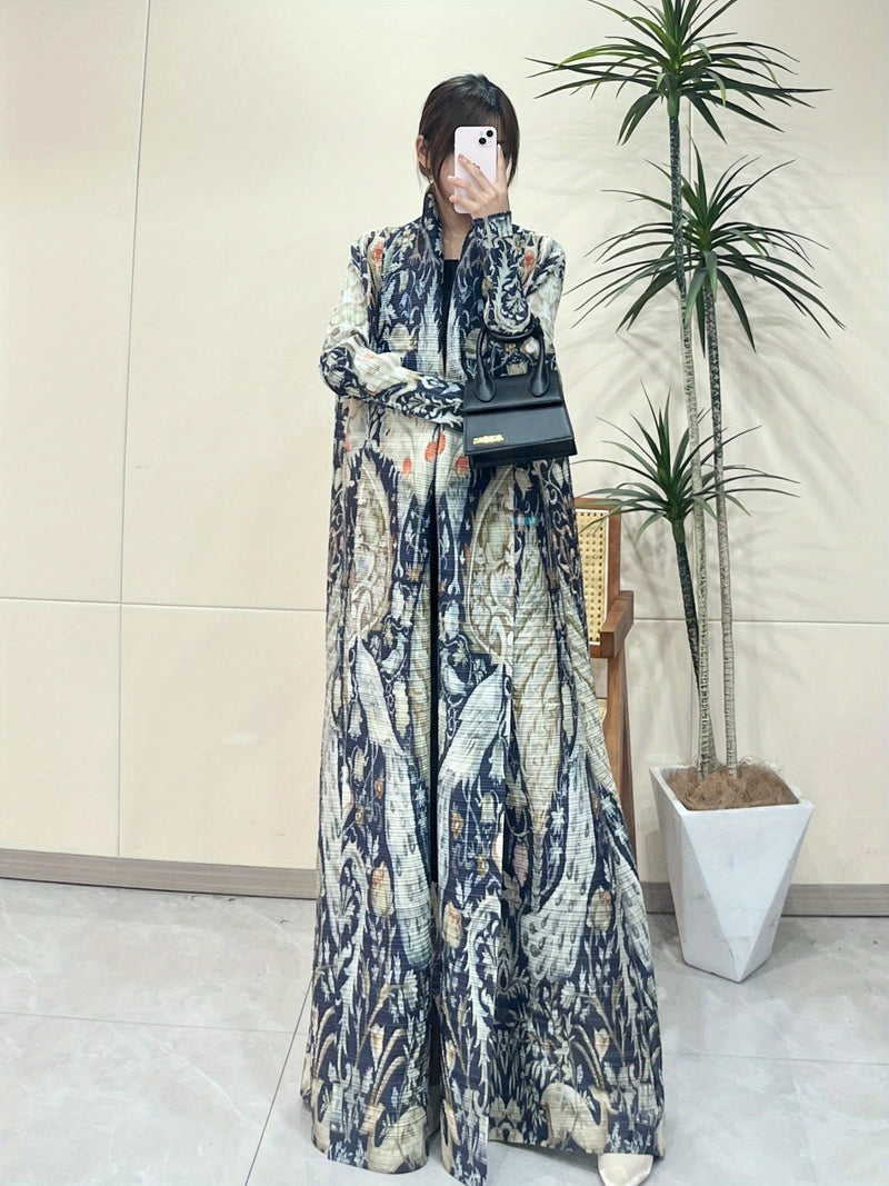 Exclusive Summer New Collection for Eid Al-Fitr 2025, Featuring a Pleated Miyake-Style Coat Cape with Prints, High Elasticity, Ultra-Long Middle Eastern Style Abaya Robe, Suitable for All Seasons. This Versatile Women&