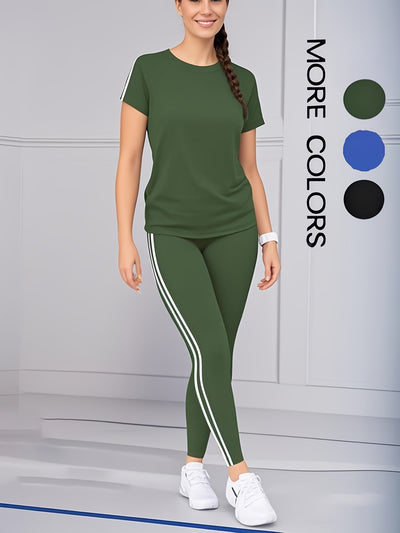 Women'S Casual Fashion Outdoor Sports Set, Double-Sided Striped Round Neck Short Sleeve Long Pants Two-Piece, Women'S Athletic Jogging