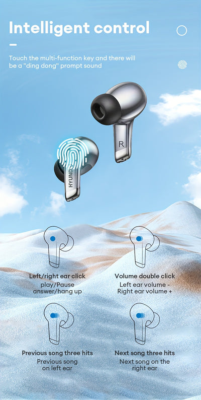 HYUNDAI 2025 Hot Selling Wireless Wireless Earbuds - Low Latency, Long Battery Life, Sound Isolation, with Mic for Gaming, Sports, and Music, Touch Control, USB-C Charging, Semi-Open Back Design, Condenser Microphone, Ideal f