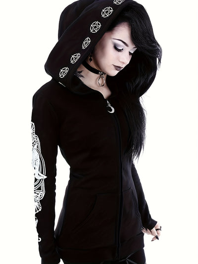 سويت شيرت نسائي بسحاب مطبوع عليه هندسي على طراز البانك