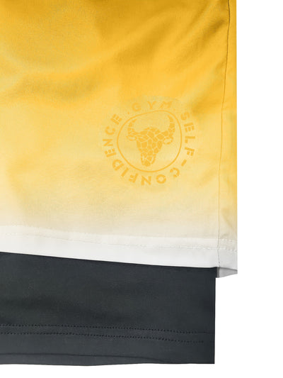 2-in-1 Double Layer Ombre Shorts - High Stretch, Drawstring Waist, Side Pocket, Breathable, Quick-Drying, Comfortable, Mens Sports Shorts for Summer Gym Workout, Training, and Fitness - GYM Pattern Print, Bull Design