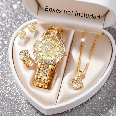 5pcs Luxury Women's Quartz Watch and Jewelry Set - Elegant Rose Golden-Tone Square Bezel, Interlocking Link Bracelet, -Accented Dial, Heart-Shaped Locket & Matching Earrings - Glamorous Gift Box Included, Perfect for Casual A