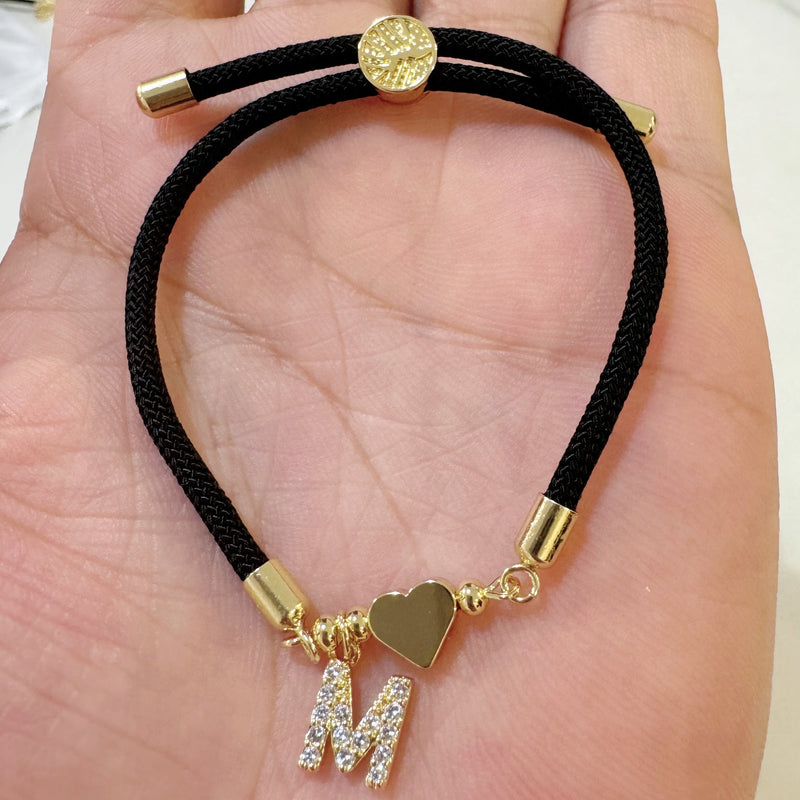 18K Golden Plated Heart Charm Bracelet with Synthetic Zirconia Letter Pendants A-Z, Simple Classic Black Polyester Cord, Adjustable for Daily Wear and Gift-Giving