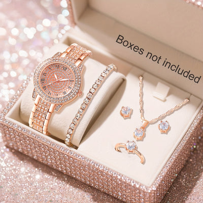 Women'S Watch Sets 6pcs Elegant Quartz Watch And Jewelry Set, Fashion Women'S Round Watch, Rhinestone Necklace, Earrings, Ring, Bracelet Set Suitable for Daily Wear And Best Holiday Gifts (No Box)