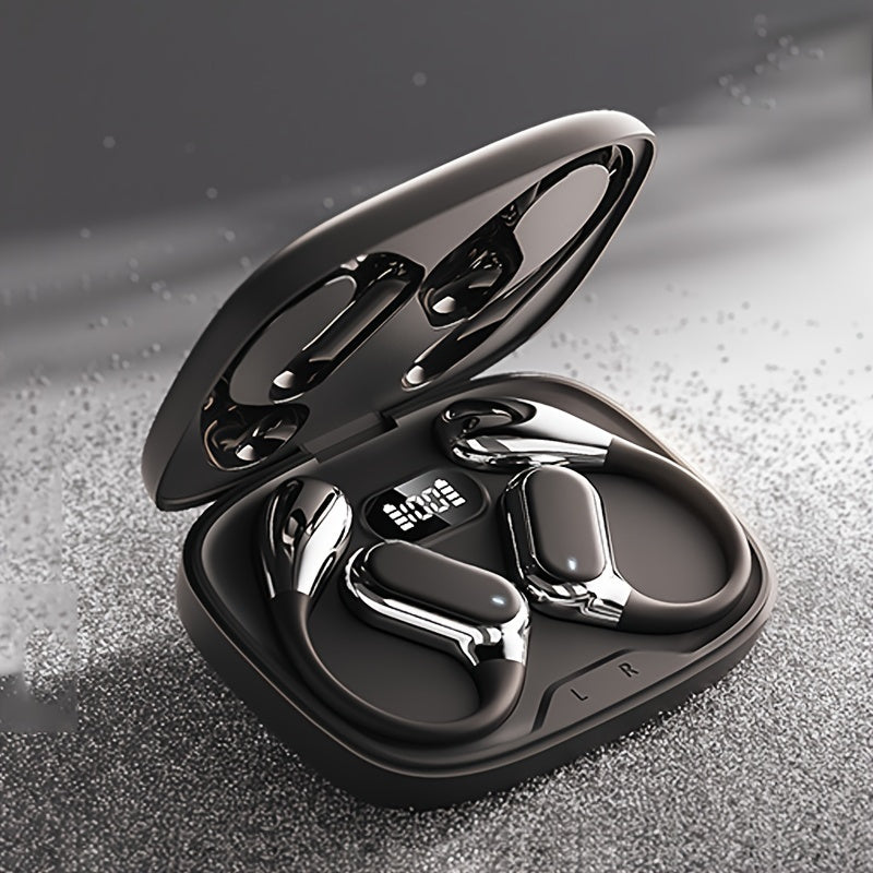 Open Ear Clip Headphones Wireless Non-In-Ear Hanging Sports Headphones for Running, Cycling and Car Use E-Sports Gaming Music Headphones with Long Standby Time Large Capacity Charging Case Smart Digital Display