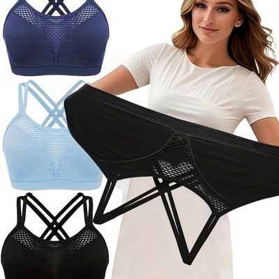 3pcs Plus Size Women's Sports Bra, Cross-Strap Mesh Cut-Out Design Running Bra with Removable Pads