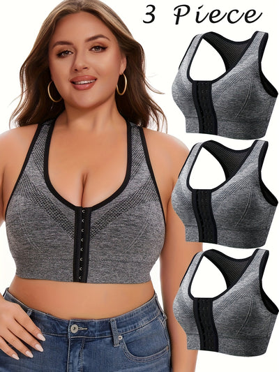 Front Hook Sports Bra Wireless Breathable High Elasticity Plus Size 3pcs