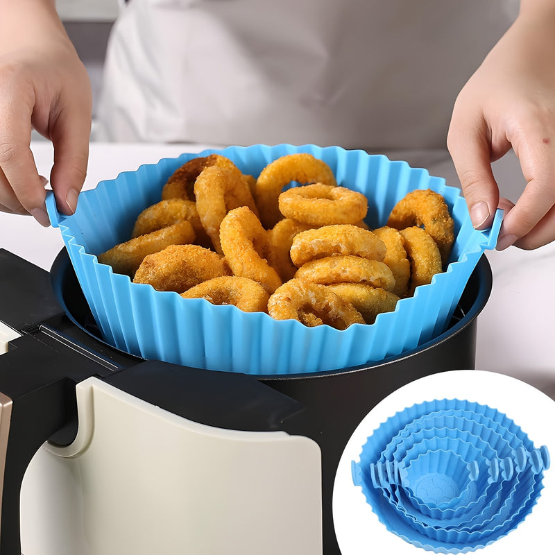 6pcs Silicone Air Fryer Liners - Blue Non-Stick Baking Pans with Scalloped Edges & Perforated Design for Even Heat Distribution, Easy Release, Healthy Oil-Free Cooking - Food-Safe, Reusable, Fits Most Air Fryers, Reusable Kit