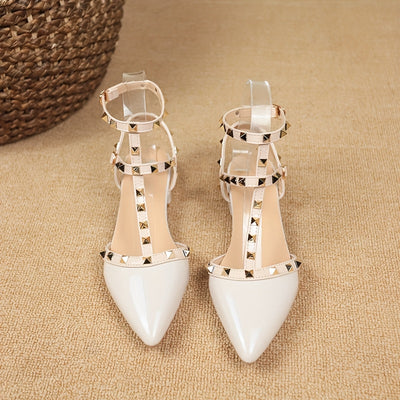 Women'S Elegant Pointed Toe Stiletto Sandals with Rivet Embellishments, Mid-Heel, Buckle Closure, Summer Fashion, Rubber Sole, Synthetic Cover - Hand Wash Only, Stylish Outdoor Shoes | Buckle Closure Sandals | Decorative Rive