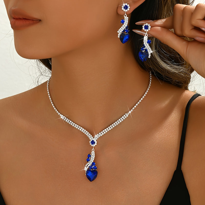 One Necklace + One Pair of Earrings Two-Piece Set Love Heart Necklace and Earrings Wedding Jewelry Suitable for Dress Banquet Wear