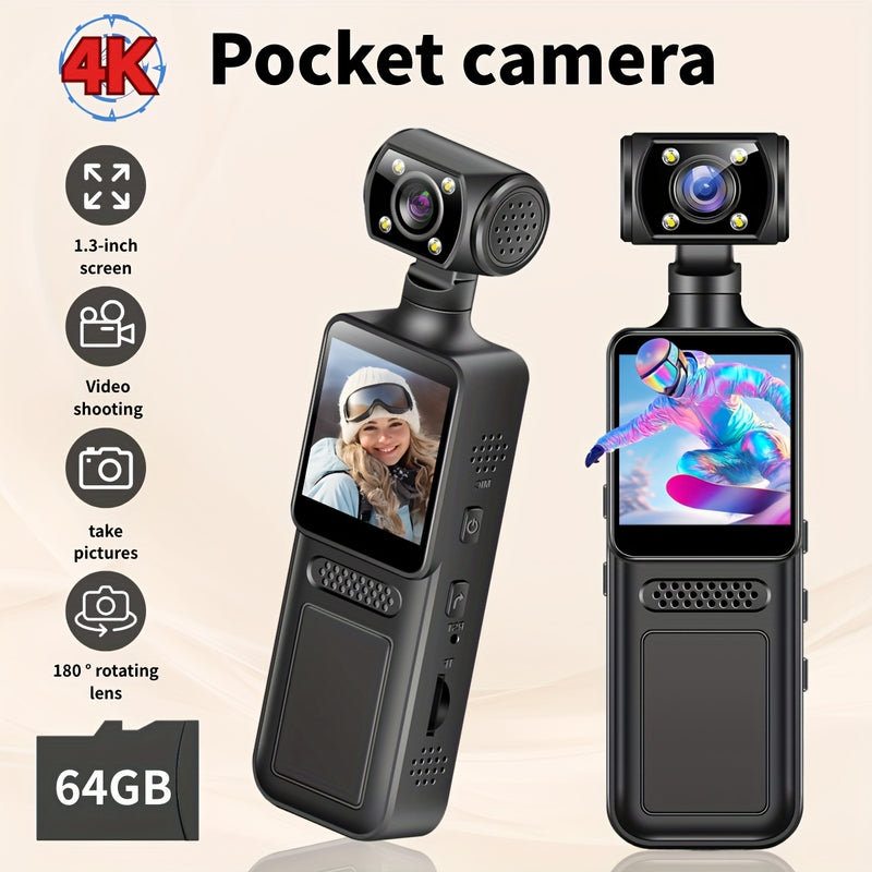 4K handheld stabilizer pocket sports camera, 4K HD camera with 180 ° rotating lens, 1.3-inch screen, portable rechargeable, Vlog camera, suitable for action shooting