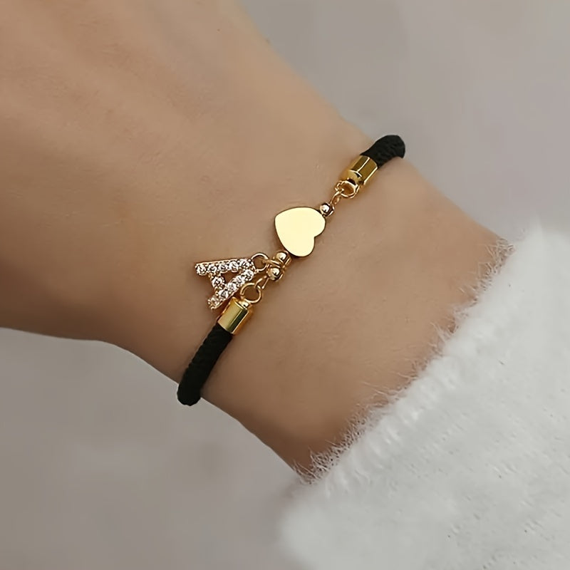 18K Golden Plated Heart Charm Bracelet with Synthetic Zirconia Letter Pendants A-Z, Simple Classic Black Polyester Cord, Adjustable for Daily Wear and Gift-Giving