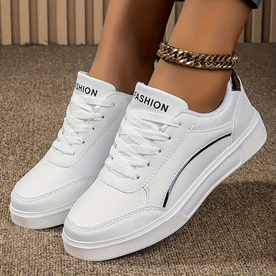 Women's All-Match White Skate Shoes, Casual Round Toe Lace Up Sneakers, Comfortable Low Top Flat Sports Shoes