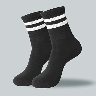 10/20 Dual-Striped Long Socks for Men And Women - Made from Breathable Polyester Knit Fabric, Casual Sports Style, Hand Wash/Dry Clean, Available in Black/White.