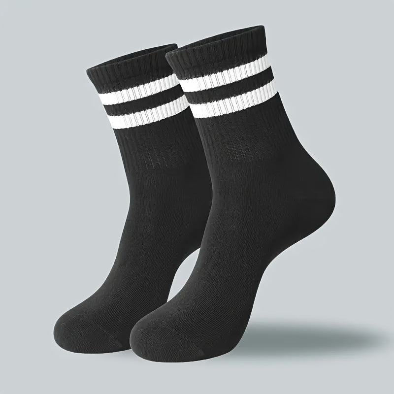 10/20 Dual-Striped Long Socks for Men And Women - Made from Breathable Polyester Knit Fabric, Casual Sports Style, Hand Wash/Dry Clean, Available in Black/White.