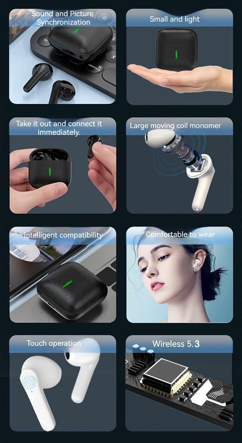 Wireless Earbuds with Long Battery Life, Mini Design, Dual Stereo Sound, Touch Control, Volume Control, Crystal Microphone, 180mAh Lithium Polymer Battery, Type-C Charging, Semi-Open Back Earcups, Non-Waterproof, Compatible w